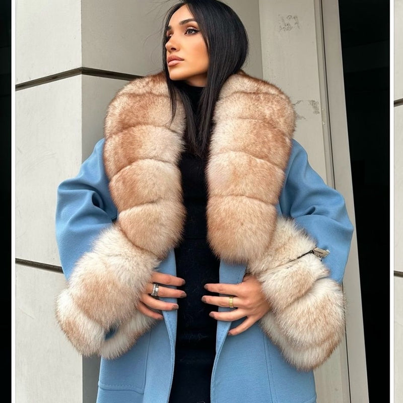 Blue cashmere coat with fox fur
