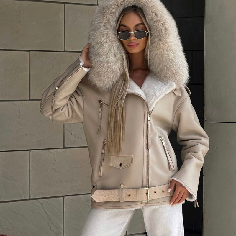 All-Biege short leather jacket with hood