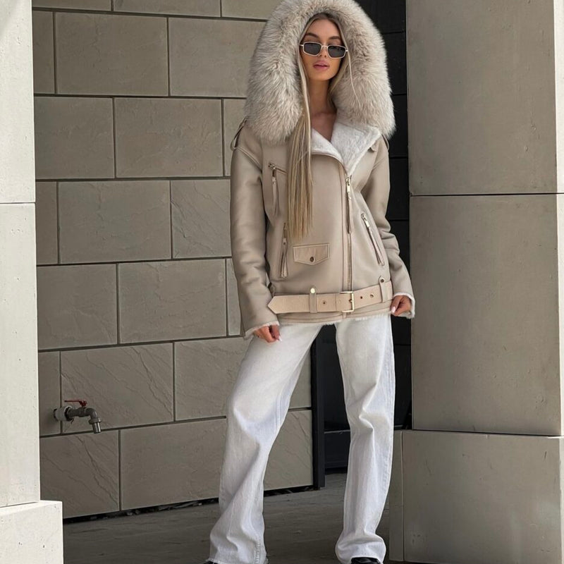 All-Biege short leather jacket with hood