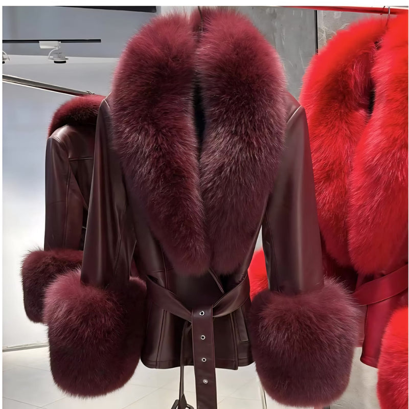 Burgundy short leather with fox fur