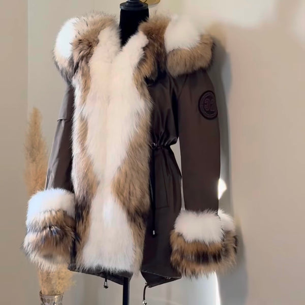 Brown parka with fur trim on a mannequin against a neutral wall.
