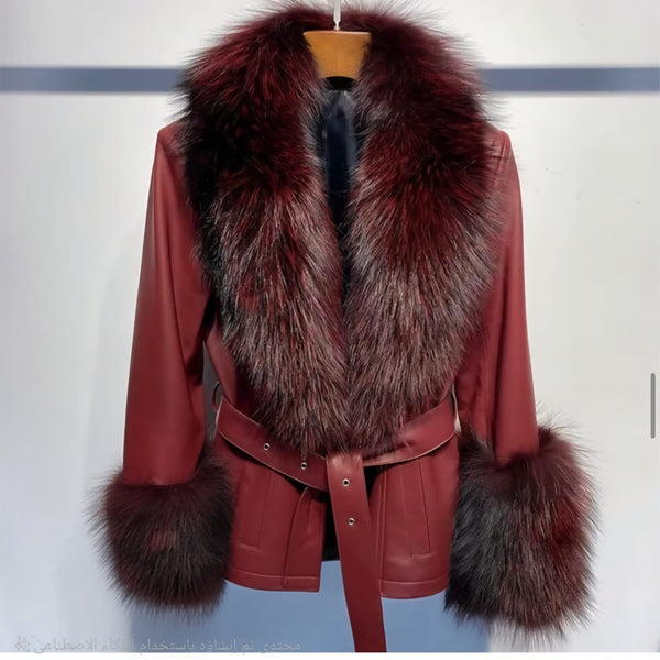 Red leather jacket with fur trim on a white background